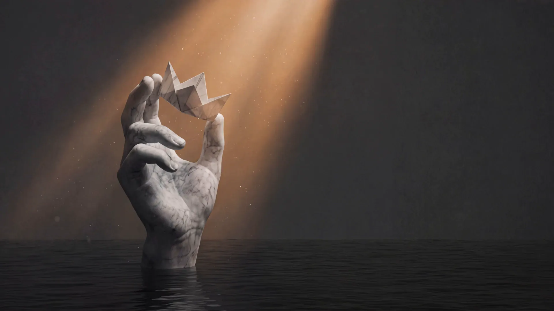A monumental marble hand lifting a small paper crown out of black water, dust motes in a single amber beam