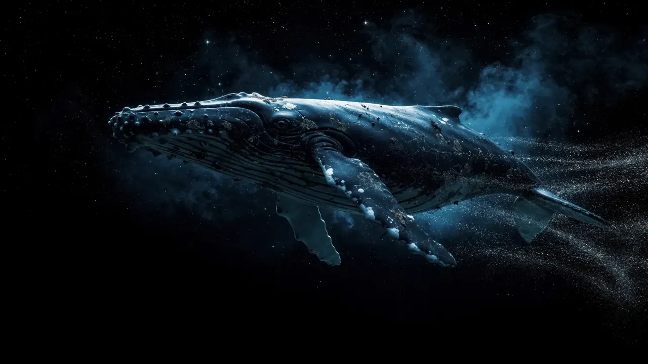 A whale swimming through deep blue space, its body lit with star fields and drifting nebula dust.