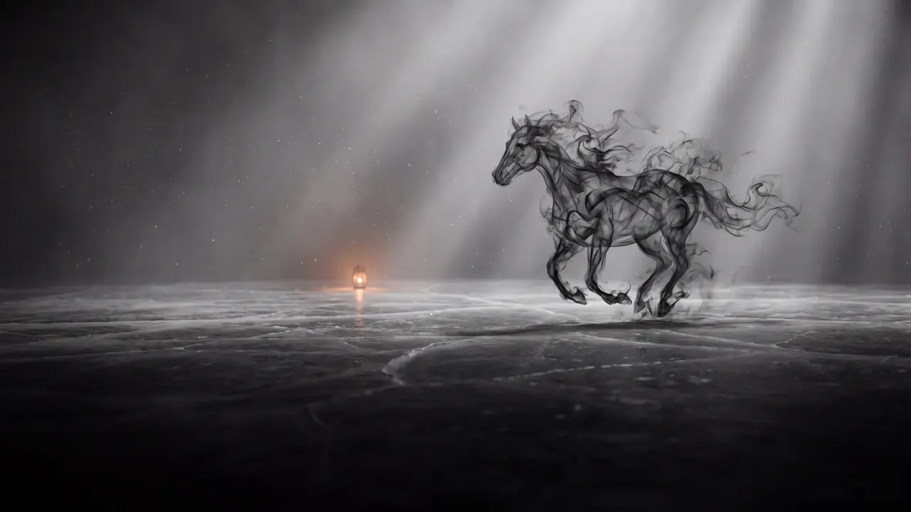 A galloping horse made entirely of smoke crossing a misty plain, lit by a single distant flame.