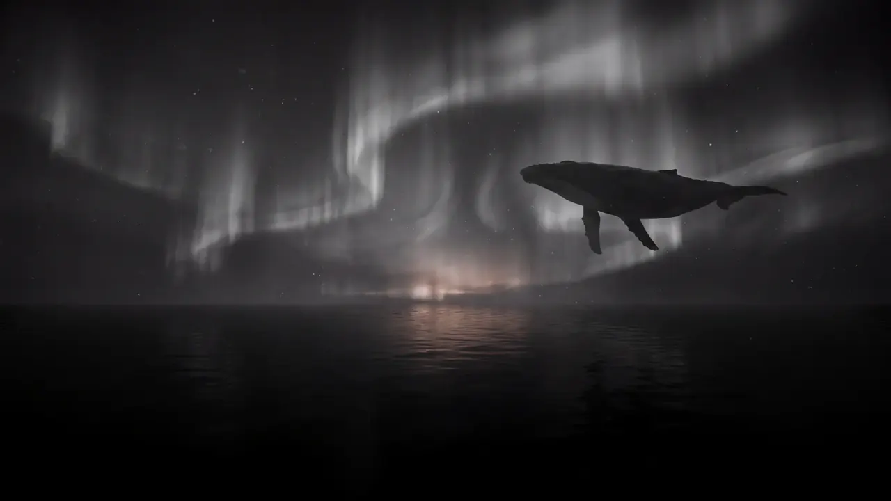 A humpback whale silhouetted above a still sea under green and white curtains of aurora light.