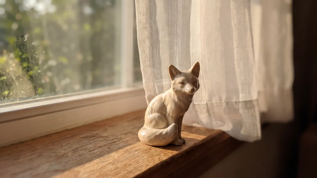 A porcelain fox figurine on a sunlit wooden windowsill, sheer curtain behind it, phone-camera realism, soft afternoon light, shallow depth of field