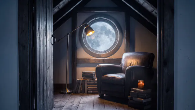 Same room, same camera, same furniture: now deep night, moonlight through the round window, the floor lamp lit warm, everything else unchanged