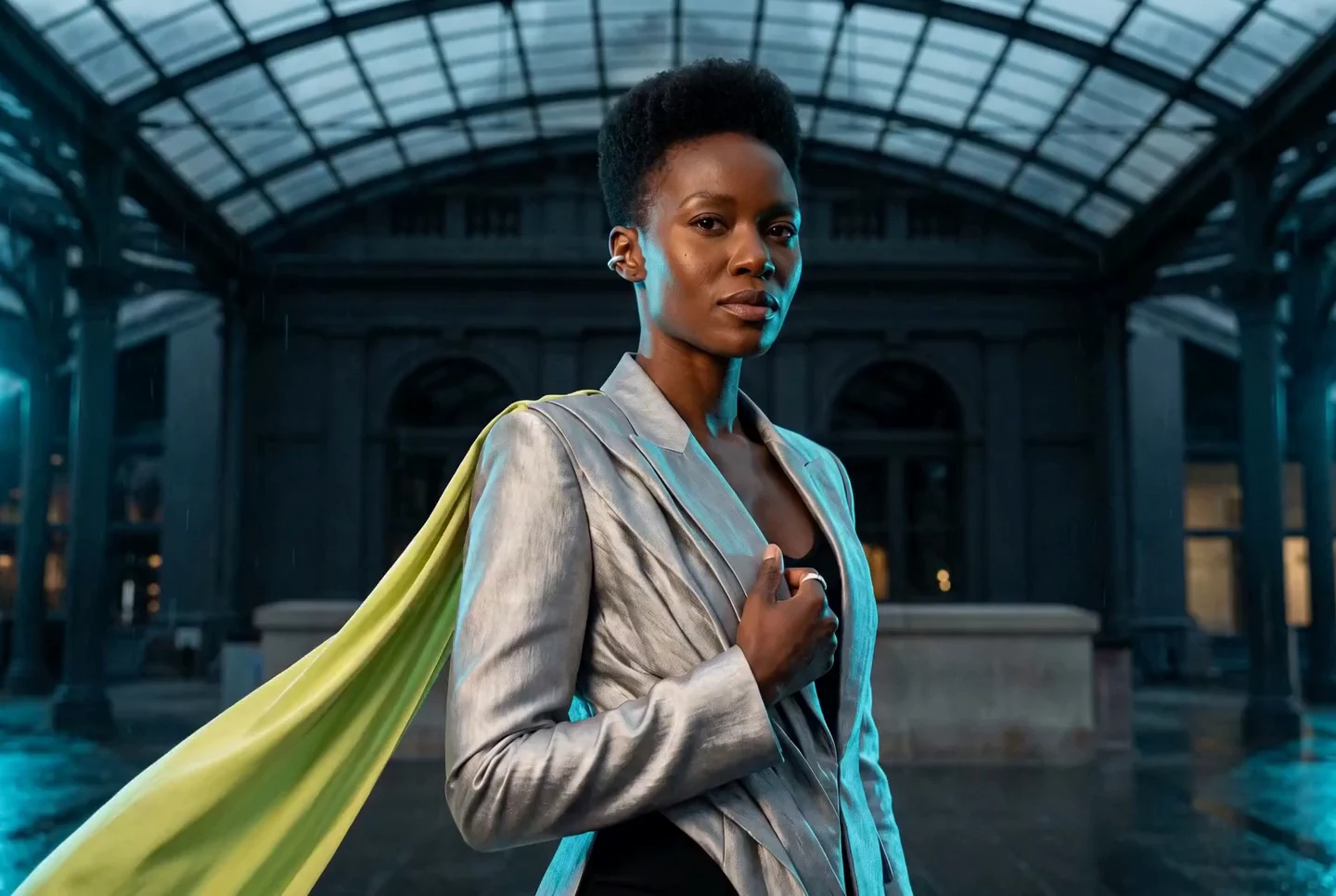 A woman in a silver jacket and lime cape inside a glass atrium.