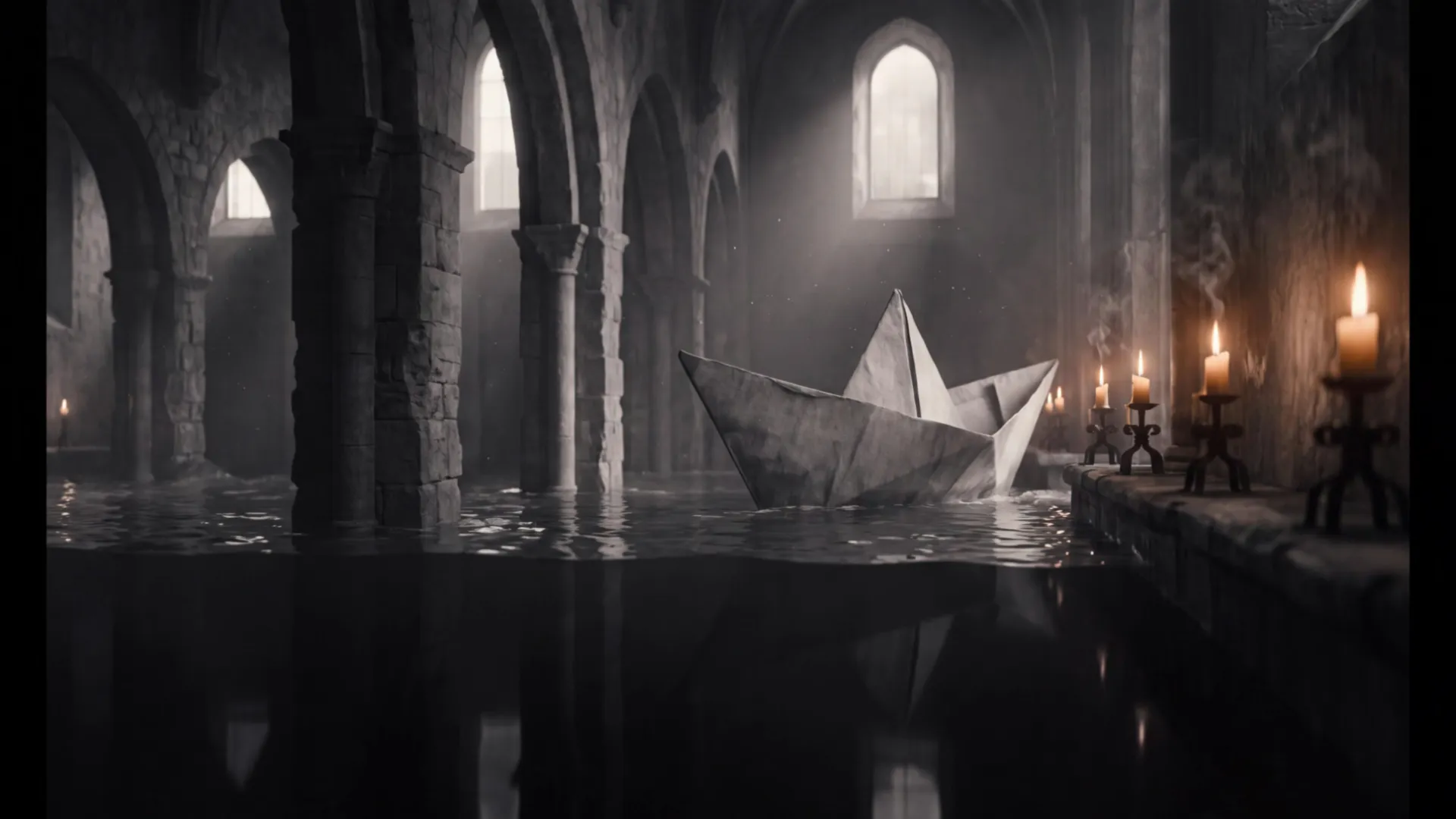 Kling V3 Pro result for the prompt: A paper boat the size of a ship sails through a flooded cathedral at dawn, candle flames guttering as it passes, water lapping the stone, slow lateral dolly, 35mm, natural light, the sound of water and wind, continuous motion, no cuts, no new objects