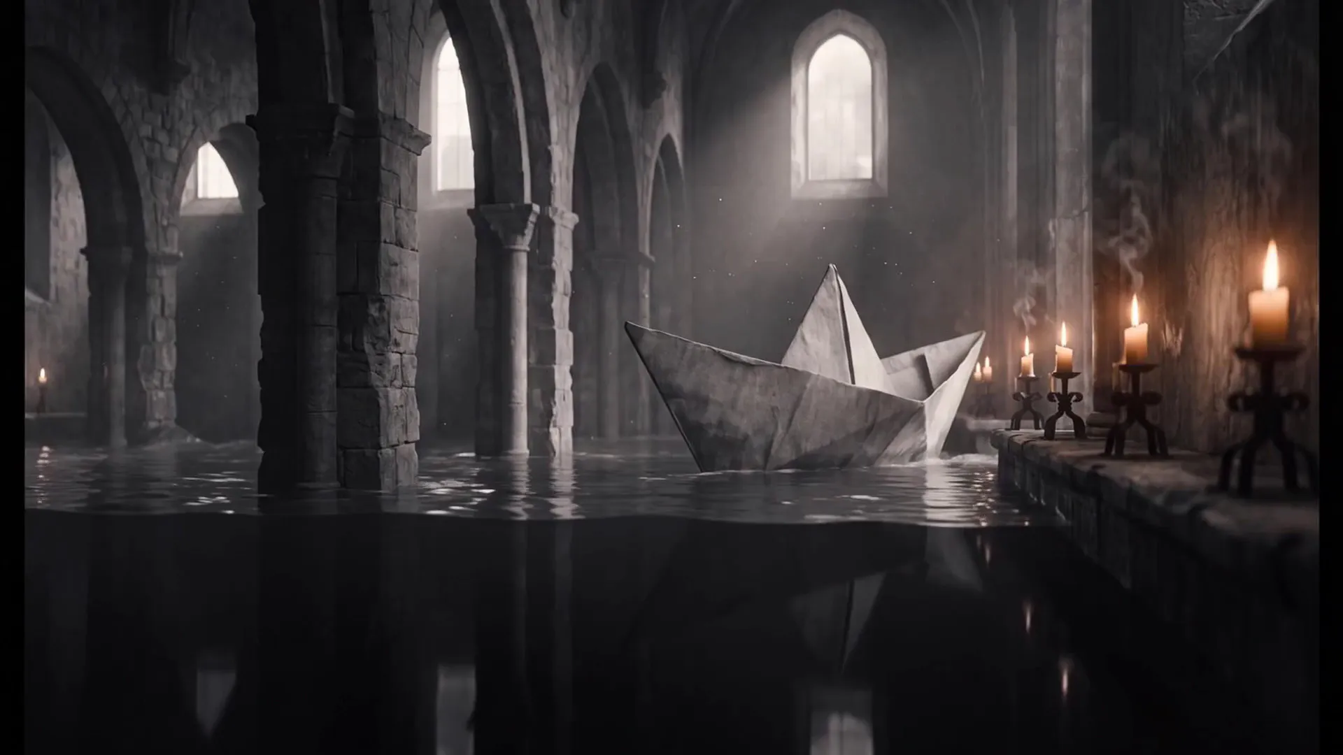 Seedance 2.0 result for the prompt: A paper boat the size of a ship sails through a flooded cathedral at dawn, candle flames guttering as it passes, water lapping the stone, slow lateral dolly, 35mm, natural light, the sound of water and wind, continuous motion, no cuts, no new objects