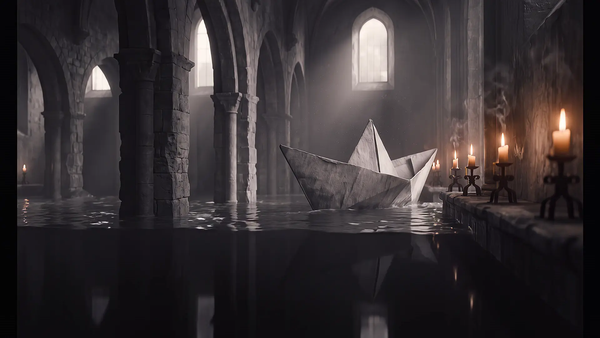 Veo 3.1 result for the prompt: A paper boat the size of a ship sails through a flooded cathedral at dawn, candle flames guttering as it passes, water lapping the stone, slow lateral dolly, 35mm, natural light, the sound of water and wind, continuous motion, no cuts, no new objects