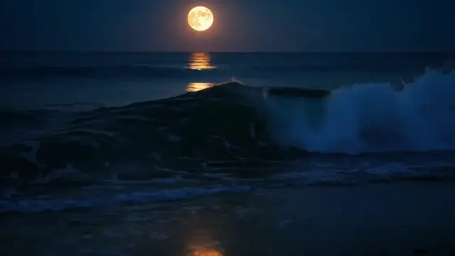 Frame from the AI video result for the prompt: @Video1 at night under a full moon, silver light on the water