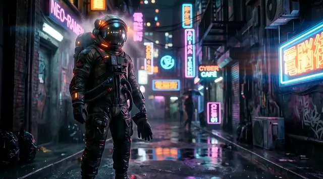 Frame from the AI video result for the prompt: Slow push-in as rain falls and the neon signs flicker