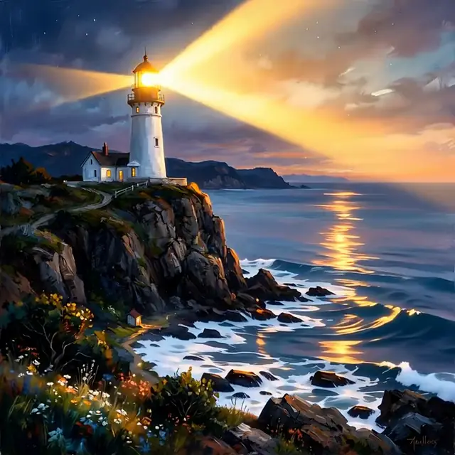 Frame from the AI video result for the prompt: Waves crash below as the lighthouse beam sweeps across drifting clouds