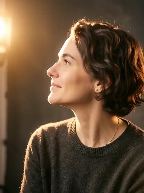 Frame from the AI video result for the prompt: She smiles softly and turns her head toward the light