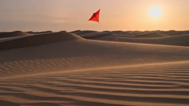 Seedance 2.0 Fast result for the prompt: a red kite rising over a windswept dune at golden hour, camera tilting up