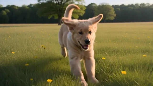 Frame from the AI video result for the prompt: The puppy runs across a sunlit meadow toward the camera