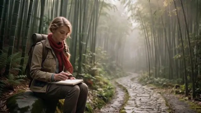 Frame from the AI video result for the prompt: The explorer sits on a rock in the bamboo forest, sketching in a notebook
