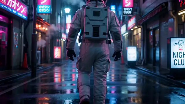Frame from the AI video result for the prompt: A lone astronaut walking through a neon rain-soaked Tokyo alley, anamorphic lens, shallow depth of field
