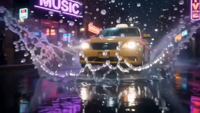 Frame from the AI video result for the prompt: The camera keeps moving as a taxi splashes through a puddle