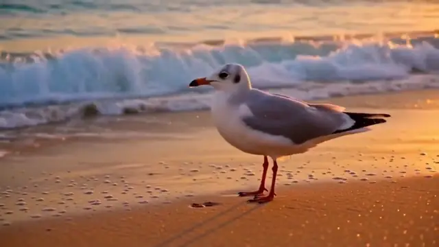 Frame from the AI video result for the prompt: The wave recedes and a seagull lands on the wet sand