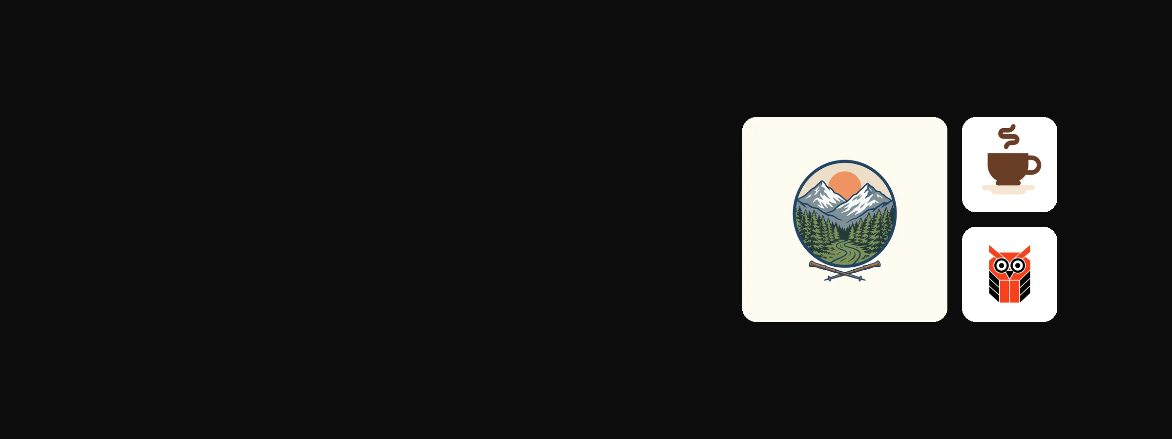A mountain badge, a coffee cup icon and a geometric owl logo: three vectors made in King AI.