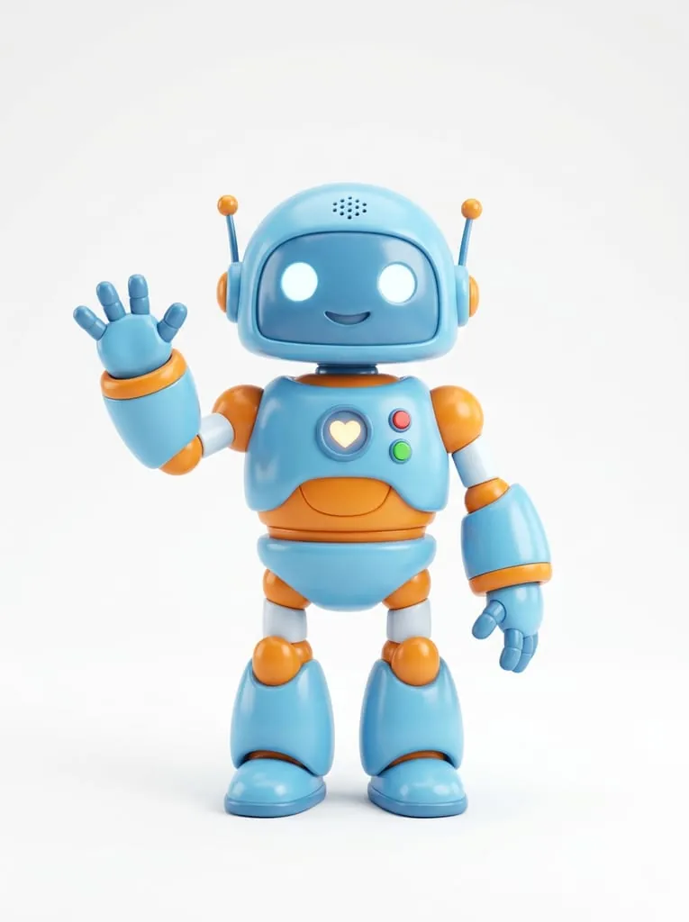 A blue and orange toy robot waving, on a pale grey background: the picture that went in.